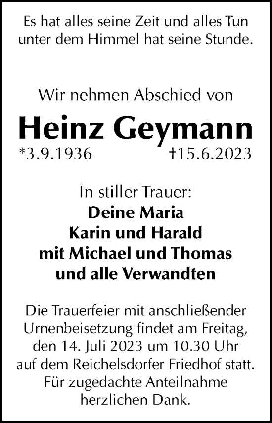 Traueranzeige von Heinz Geymann von Gesamtausgabe Nürnberger Nachrichten/ Nürnberger Ztg.