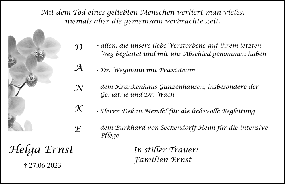  Traueranzeige für Helga Ernst vom 22.07.2023 aus Altmühl-Bote Lokal