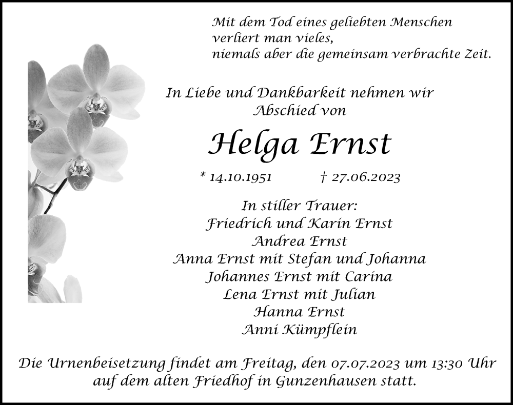  Traueranzeige für Helga Ernst vom 05.07.2023 aus Altmühl-Bote Lokal