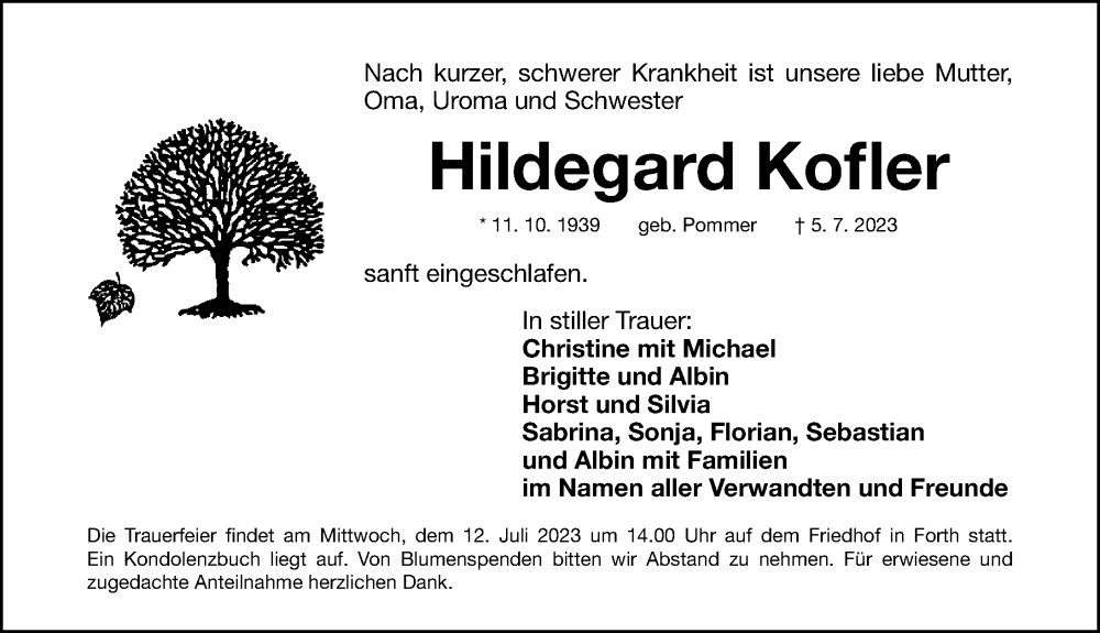 Traueranzeigen von Hildegard Kofler | trauer.nn.de