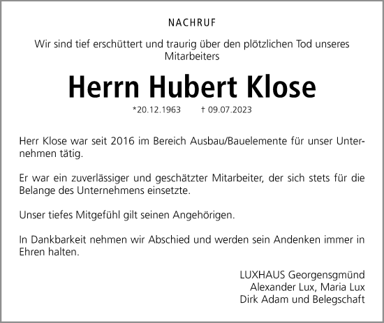 Traueranzeige von Hubert Klose von Roth-Hilpoltsteiner Volkszeitung Lokal