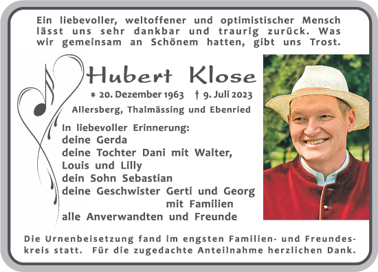 Traueranzeige von Hubert Klose von Roth-Hilpoltsteiner Volkszeitung/ Neumarkter Nachrichten