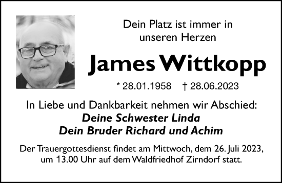 Traueranzeige von James Wittkopp von Fürther Nachrichten Lokal