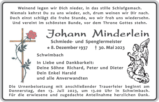 Traueranzeige von Johann Minderlein von Roth-Hilpoltsteiner Volkszeitung Lokal