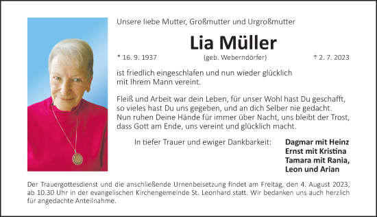 Traueranzeige von Lia Müller von Gesamtausgabe Nürnberger Nachrichten/ Nürnberger Ztg.