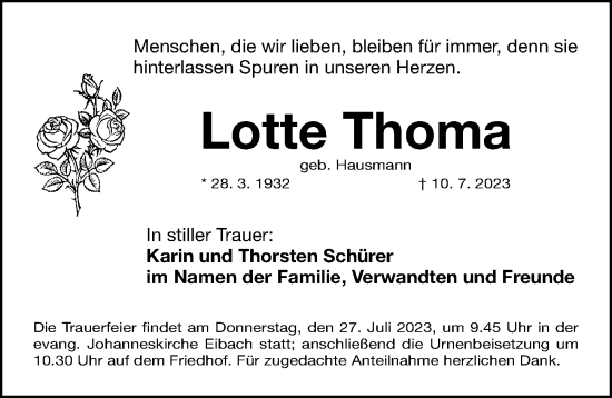 Traueranzeige von Lotte Thoma von Gesamtausgabe Nürnberger Nachrichten/ Nürnberger Ztg.