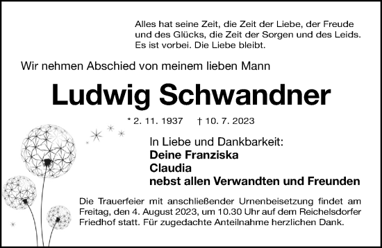 Traueranzeige von Ludwig Schwandner von Gesamtausgabe Nürnberger Nachrichten/ Nürnberger Ztg.