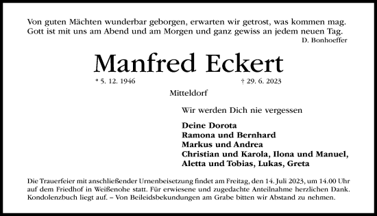 Traueranzeige von Manfred Eckert von Nordbayerische Nachrichten Forchheim Lokal