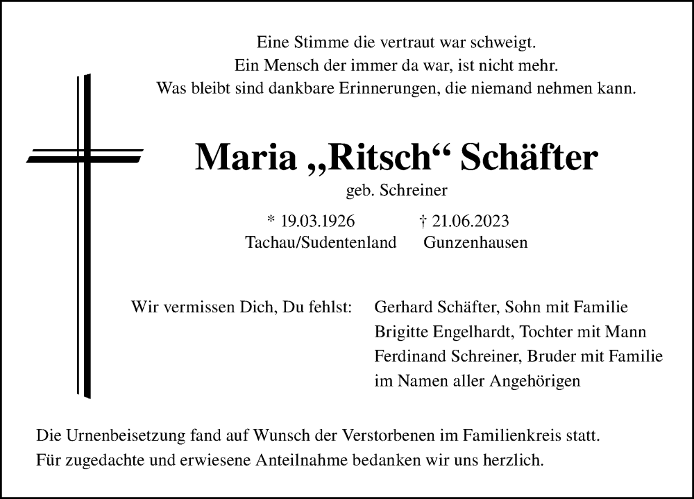  Traueranzeige für Maria Schäfter vom 17.07.2023 aus Altmühl-Bote Lokal