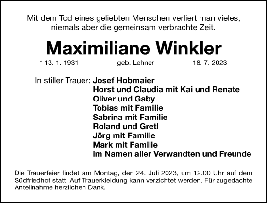 Traueranzeige von Maximiliane Winkler von Gesamtausgabe Nürnberger Nachrichten/ Nürnberger Ztg.