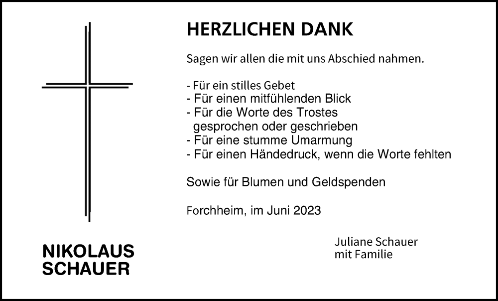 Traueranzeige für Nikolaus Schauer vom 08.07.2023 aus Nordbayerische Nachrichten Forchheim Lokal