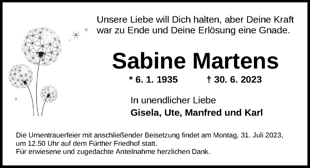  Traueranzeige für Sabine Martens vom 26.07.2023 aus Gesamtausgabe Nürnberger Nachrichten/ Nürnberger Ztg.