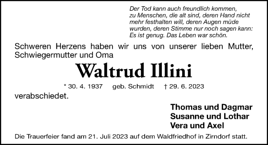 Traueranzeige von Waltrud Illini von Fürther Nachrichten Lokal