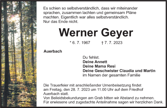 Traueranzeige von Werner Geyer von Nordbayerische Nachrichten Pegnitz Lokal