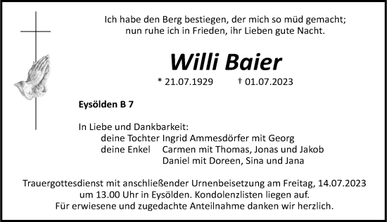 Traueranzeige von Willi Baier von Roth-Hilpoltsteiner Volkszeitung Lokal