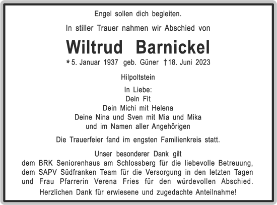 Traueranzeige von Wiltrud Barnickel von Roth-Hilpoltsteiner Volkszeitung Lokal