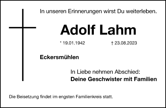 Traueranzeige von Adolf Lahm von Roth-Hilpoltsteiner Volkszeitung Lokal