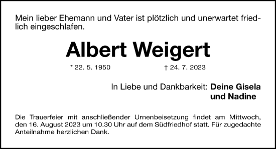 Traueranzeige von Albert Weigert von Gesamtausgabe Nürnberger Nachrichten/ Nürnberger Ztg.