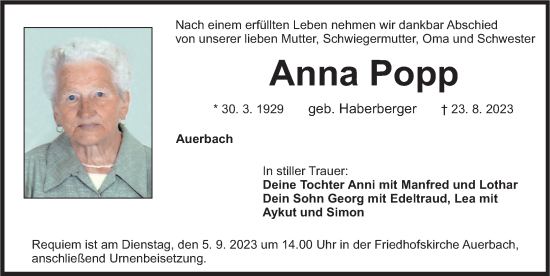 Traueranzeige von Anna Popp von Nordbayerische Nachrichten Pegnitz Lokal