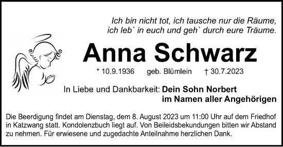 Traueranzeige von Anna Schwarz von Gesamtausgabe Nürnberger Nachrichten/ Nürnberger Ztg.