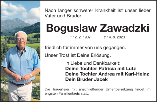 Traueranzeige von Boguslaw Zawadzki von Gesamtausgabe Nürnberger Nachrichten/ Nürnberger Ztg.