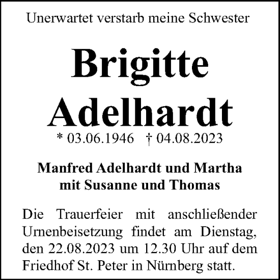 Traueranzeige von Brigitte Adelhardt von Gesamtausgabe Nürnberger Nachrichten/ Nürnberger Ztg.