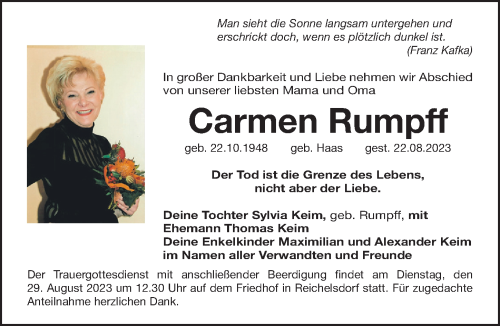  Traueranzeige für Carmen Rumpff vom 26.08.2023 aus Gesamtausgabe Nürnberger Nachrichten/ Nürnberger Ztg.