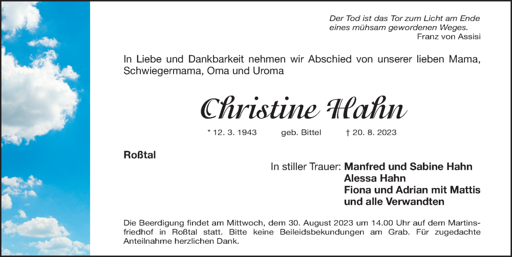  Traueranzeige für Christine Hahn vom 26.08.2023 aus Fürther Nachrichten Lokal