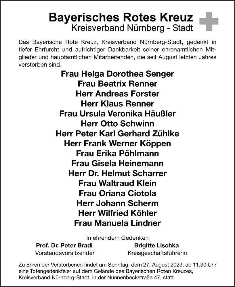  Traueranzeige für Das Bayerische Rote Kreuz, Kreisverband Nürnberg-Stadt, gedenkt  vom 25.08.2023 aus Gesamtausgabe Nürnberger Nachrichten/ Nürnberger Ztg.