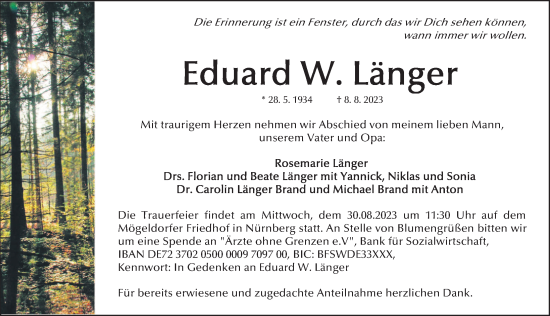 Traueranzeige von Eduard W. Länger von Gesamtausgabe Nürnberger Nachrichten/ Nürnberger Ztg.