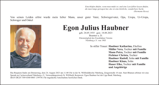 Traueranzeige von Egon Julius Haubner von Gesamtausgabe Nürnberger Nachrichten/ Nürnberger Ztg.