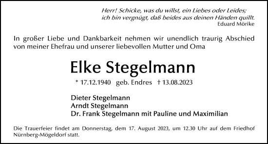 Traueranzeige von Elke Stegelmann von Gesamtausgabe Nürnberger Nachrichten/ Nürnberger Ztg.