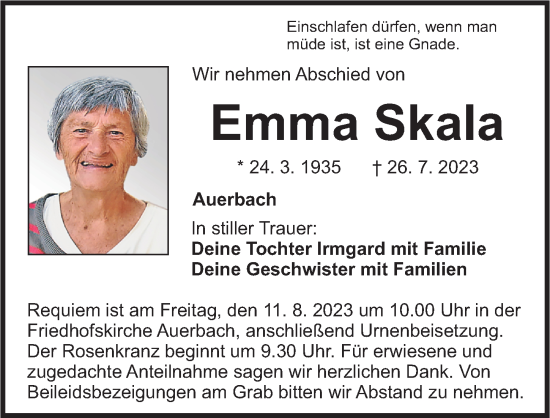 Traueranzeige von Emma Skala von Nordbayerische Nachrichten Pegnitz Lokal