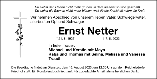 Traueranzeige von Ernst Netter von Gesamtausgabe Nürnberger Nachrichten/ Nürnberger Ztg.