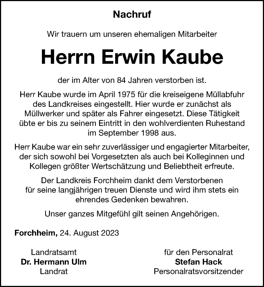  Traueranzeige für Erwin Kaube vom 25.08.2023 aus Nordbayerische Nachrichten Forchheim Lokal
