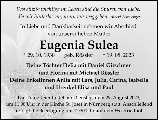 Traueranzeige von Eugenia Sulea von Gesamtausgabe Nürnberger Nachrichten/ Nürnberger Ztg.