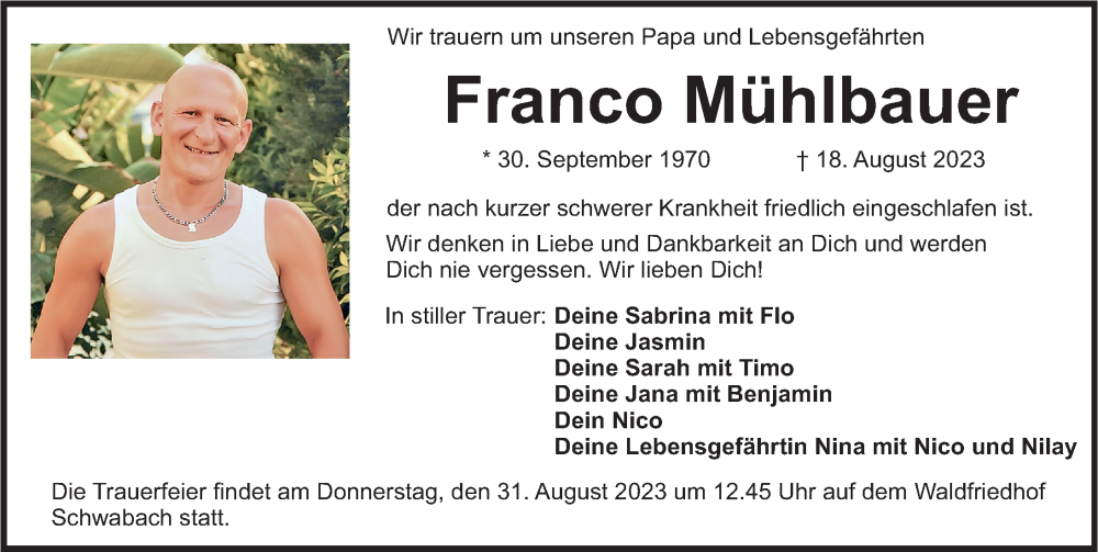  Traueranzeige für Franco Mühlbauer vom 29.08.2023 aus Nordbayerische Nachrichten Pegnitz Lokal