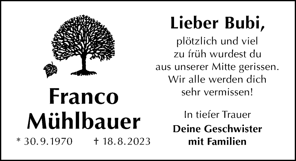  Traueranzeige für Franco Mühlbauer vom 26.08.2023 aus Schwabacher Tagblatt Lokal