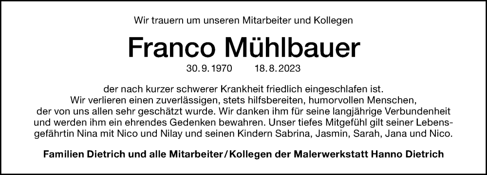  Traueranzeige für Franco Mühlbauer vom 26.08.2023 aus Schwabacher Tagblatt Lokal