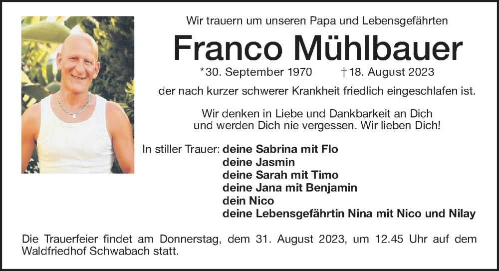  Traueranzeige für Franco Mühlbauer vom 30.08.2023 aus Schwabacher Tagblatt Lokal