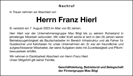 Traueranzeige von Franz Hierl von Neumarkter Nachrichten Lokal