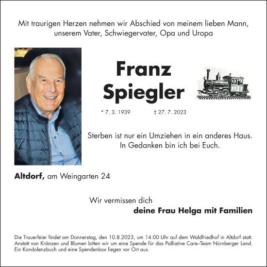 Traueranzeige von Franz Spiegler von Gesamtausgabe Nürnberger Nachrichten/ Nürnberger Ztg.