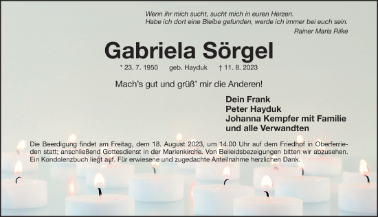 Traueranzeige von Gabriela Sörgel von Gesamtausgabe Nürnberger Nachrichten/ Nürnberger Ztg.