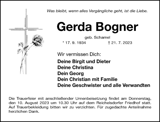 Traueranzeige von Gerda Bogner von Gesamtausgabe Nürnberger Nachrichten/ Nürnberger Ztg.