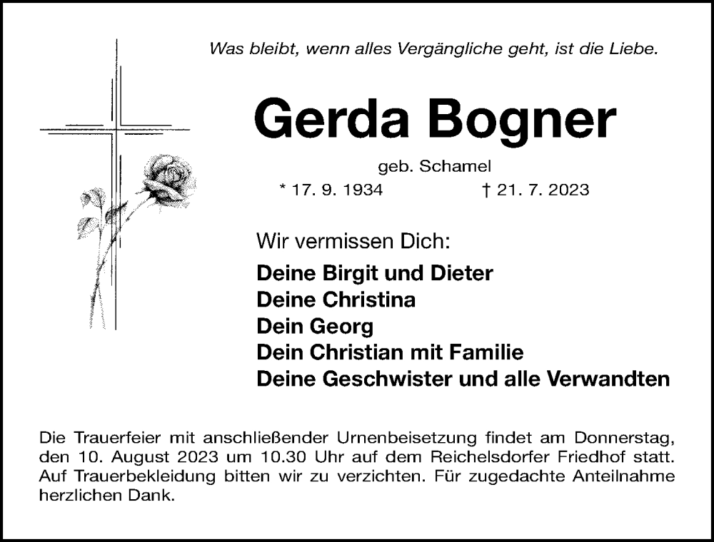  Traueranzeige für Gerda Bogner vom 05.08.2023 aus Gesamtausgabe Nürnberger Nachrichten/ Nürnberger Ztg.
