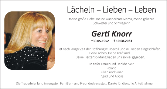 Traueranzeige von Gerti Knorr von Gesamtausgabe Nürnberger Nachrichten/ Nürnberger Ztg.