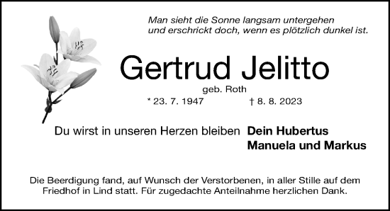 Traueranzeige von Gertrud Jelitto von Fürther Nachrichten Lokal