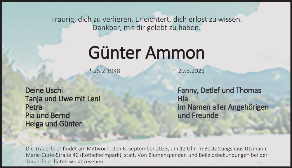  Traueranzeige für Günter Ammon vom 01.09.2023 aus Erlanger Nachrichten Lokal