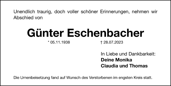 Traueranzeige von Günter Eschenbacher von Gesamtausgabe Nürnberger Nachrichten/ Nürnberger Ztg.