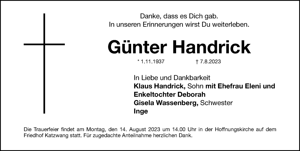  Traueranzeige für Günter Handrick vom 11.08.2023 aus Gesamtausgabe Nürnberger Nachrichten/ Nürnberger Ztg.